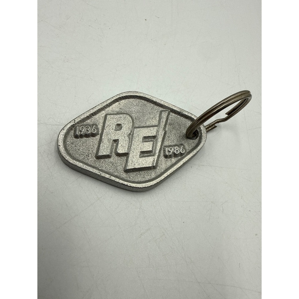 Vintage RE 50th‎ Anniversary Keychain 1938-1988 Silver Tone Metal Fob Logo